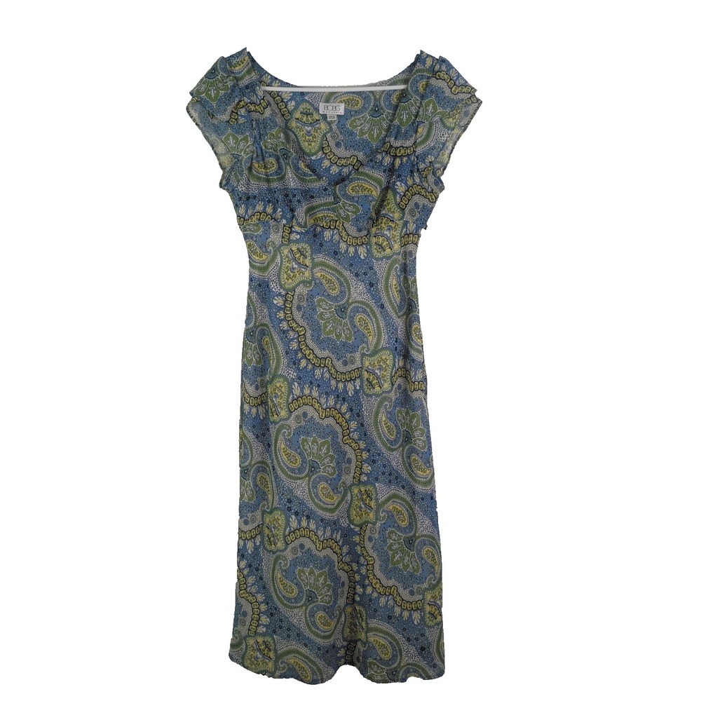 BCBG MAXAZRIA Women's Vintage Paisley Dress Size 8 Green Blue Sheer Y2K Chiffon